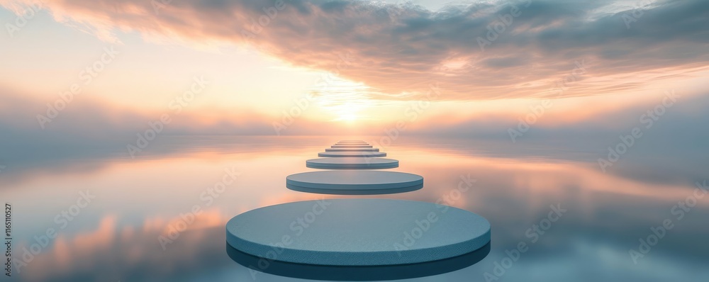 Poster circles abstract background concept. serene landscape of circular platforms reflecting in tranquil w