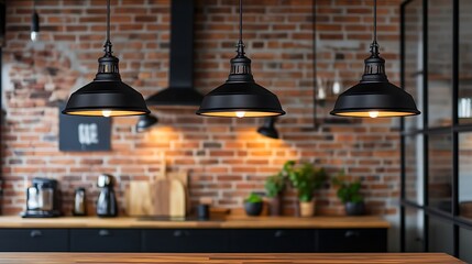 Obraz premium Three Black Pendant Lights Hanging Over a Rustic Kitchen Counter