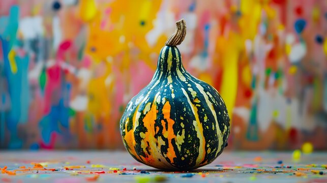 Pointed Gourd with colorful paint splatters behind it