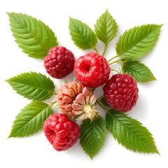 Ripe raspberries with leaves isolated on white background