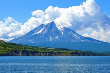 Fototapeta premium Majestic Volcano Rises Above Sparkling Blue Waters Under a Clear Sky With Fluffy Clouds During a Sunny Day
