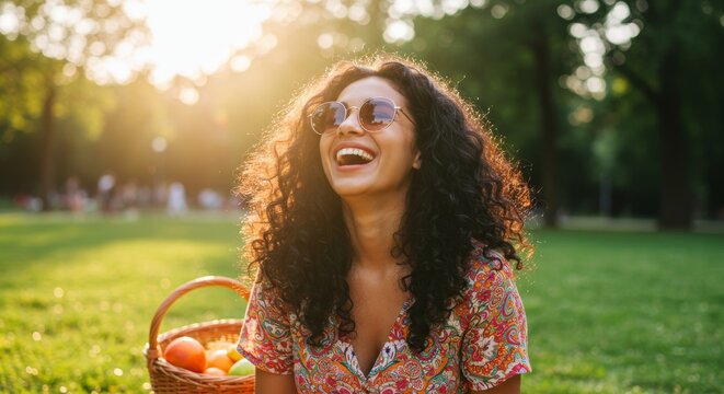 Joyful woman relaxing in the park with sunglasses and picnic basket at sunset