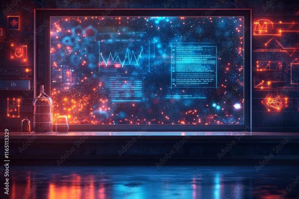 Aufkleber Futuristic Science Stage with Abstract Diagrams and Glowing Symbols