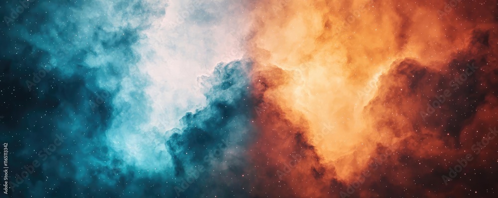 Poster Cosmic abstract background idea. Dynamic clouds showcase the contrast of warm and cool colors in a dramatic atmospheric display.