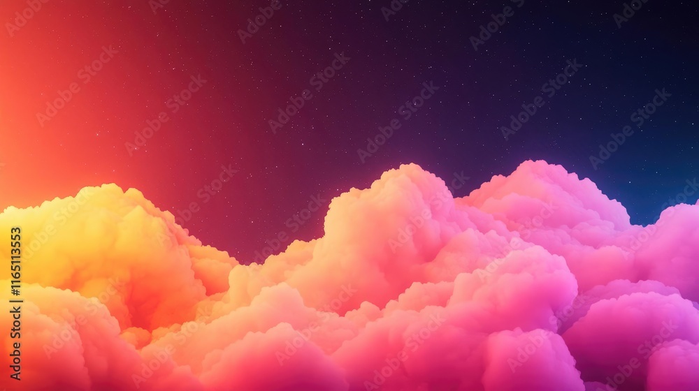 Poster Cosmic abstract background idea. Colorful and vibrant clouds illuminated by bright light in a stunning atmospheric scene.