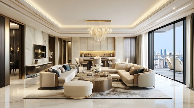Luxury Apartment Living Room Design: Opulent Interior with City View