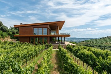 Modern Winery Surrounded by Lush Vineyards in a Scenic Countryside Landscape With Blue Sky and Distant Hills