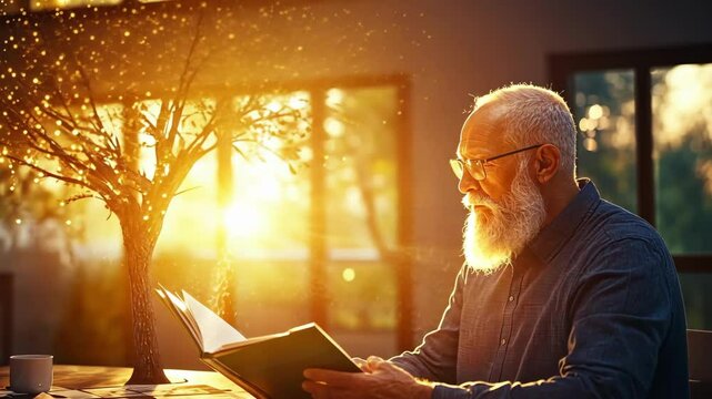 Elderly man reading by glowing tree in sunlit room