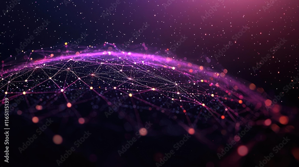Poster Cosmic abstract background idea. Abstract digital landscape showcasing vibrant network connections and glowing nodes.