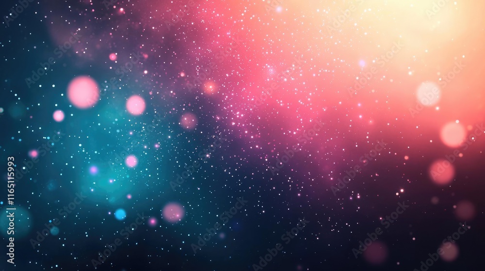 Poster Cosmic abstract background idea. Vibrant abstract background with colorful bokeh and sparkling particles in soft focus.