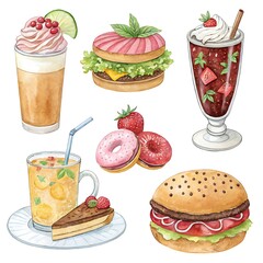 delicious food and drink watercolor set-watercolor illustration featuring burgers, donuts, iced drinks, cake, and smoothies, showcasing a variety of sweet and savory treats.
