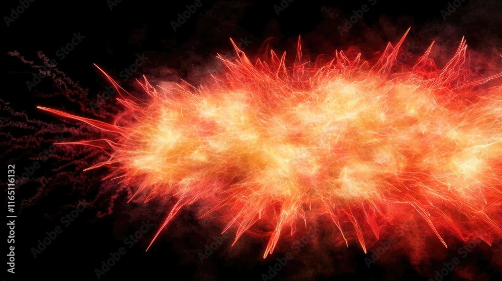 Poster Fireworks abstract background idea. Vibrant explosion of fiery colors against a dark background for dynamic visuals.