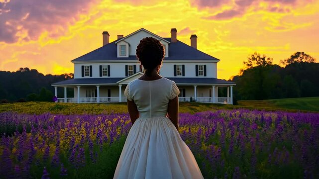 Woman in white dress gazing at sunset over field of purple flowers and elegant house
