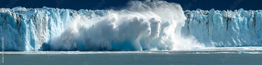 Poster wide-angle shot of a massive glacier calving into the sea, with dynamic waves and mist rising under 