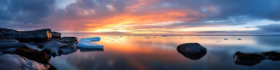 Obraz premium A panoramic view of an iceberg glowing under the golden light of the midnight sun, with calm waters reflecting its vibrant hues, in 4K resolution