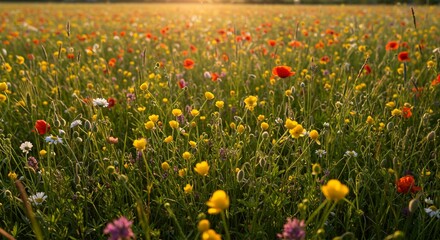 Colorful sunset over a field of wildflowers, ideal for promoting travel and adventure
