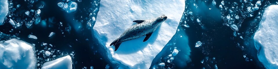 Naklejka premium Aerial panorama of a leopard seal resting on a floating ice sheet, with dramatic ice formations glowing under soft summer light, in 4K resolution