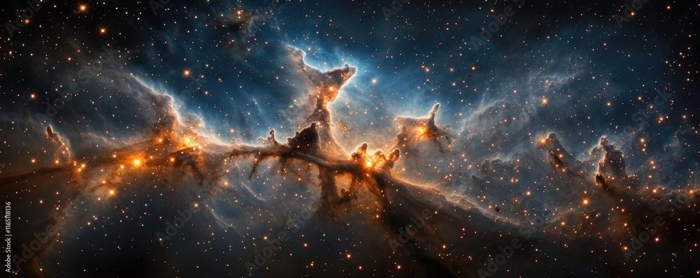Poster Cosmic abstract background idea. A stunning view of cosmic nebulae illuminated by distant stars in deep space.