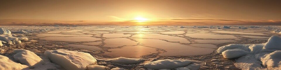 Obraz premium Panoramic view of the Larsen Ice Shelf glowing under the golden light of summer, with intricate cracks and shadows creating depth, in 4K resolution
