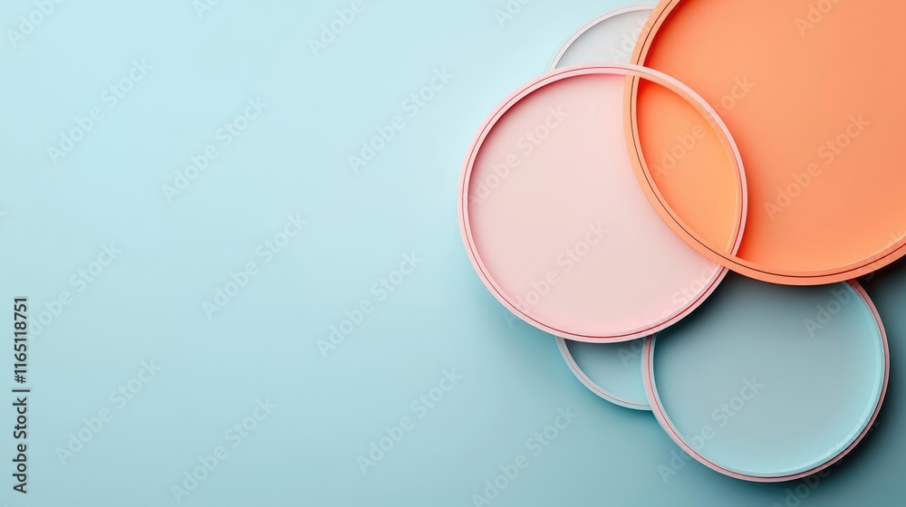 Poster Circles abstract background concept. Colorful circular shapes arranged on a soft blue background for design projects.