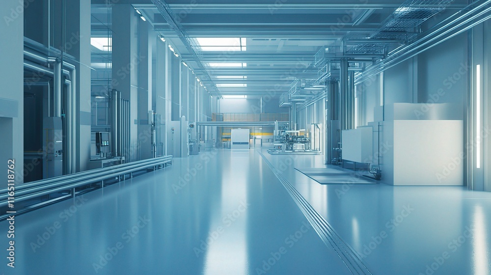 Poster high-tech factory floor with automated systems and monitoring tools