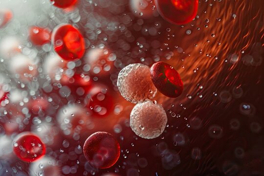 A surreal close-up of red blood cells and white blood cells illuminated by a soft, ethereal light in a pulsating blood vessel