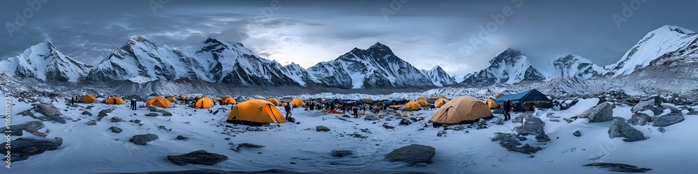 Aufkleber Panoramic view of Everest Base Camp illuminated by the golden hour, with layers of jagged peaks and dynamic clouds creating depth, in 4K resolution