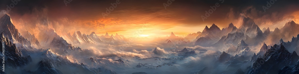 Aufkleber Panoramic view of Everest Base Camp illuminated by the golden hour, with layers of jagged peaks and dynamic clouds creating depth, in 4K resolution