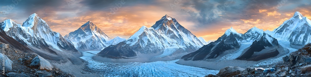 Aufkleber Panoramic view of Everest Base Camp illuminated by the golden hour, with layers of jagged peaks and dynamic clouds creating depth, in 4K resolution