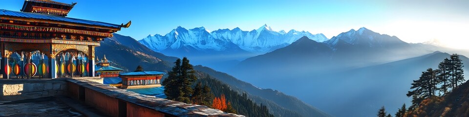 Panoramic view of vibrant prayer wheels at a high-altitude monastery near Everest Base Camp, with layers of mountains stretching into the horizon, in 4K resolution
