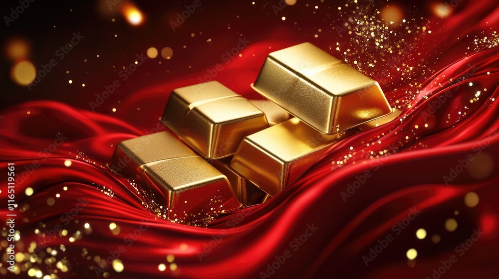 Canvas Prints Dynamic, abstract golden ingots surrounded by radiant red and gold swirls, creating a rich festive design.