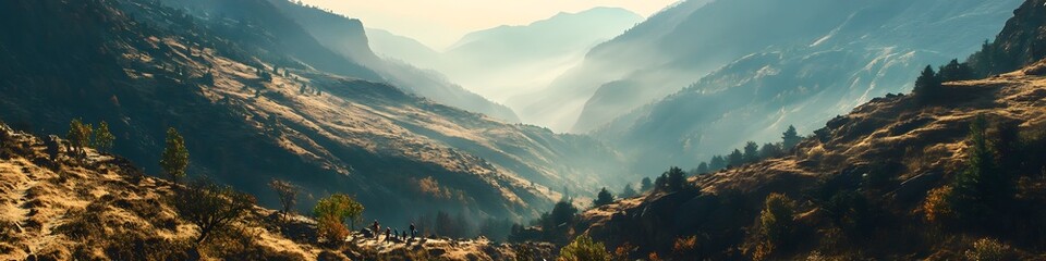 Fototapeta premium Panoramic view of the rugged Himalayan valleys glowing under soft morning light, with trekkers navigating the trail to Base Camp, in 4K resolution
