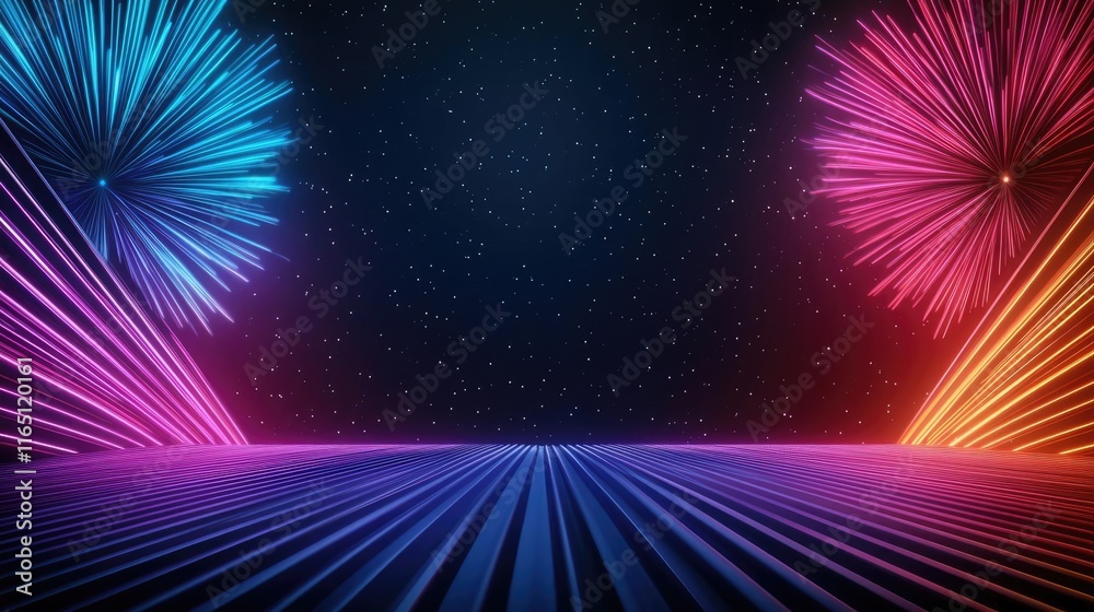 Poster fireworks abstract background idea. vibrant neon abstract background with fireworks in a digital art