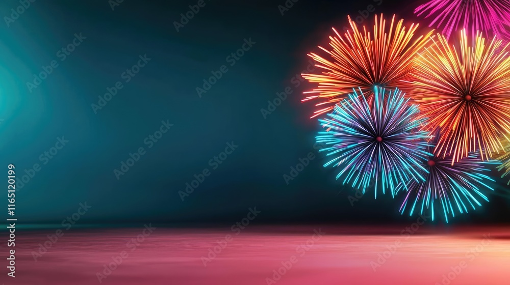 Poster Fireworks abstract background idea. Vibrant fireworks burst in colorful patterns against a dark, misty background.