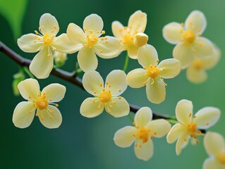 Obraz premium Close-up of delicate pale yellow flowers blooming on a branch against a blurred green background.