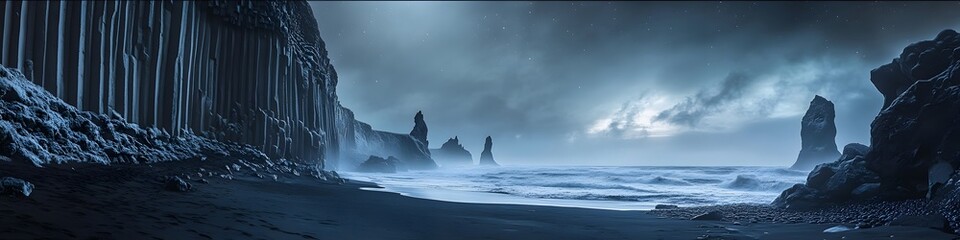 Obraz premium Panoramic view of the auroras illuminating the black sand beach of Reynisfjara, with waves crashing against towering basalt columns, in 4K resolution