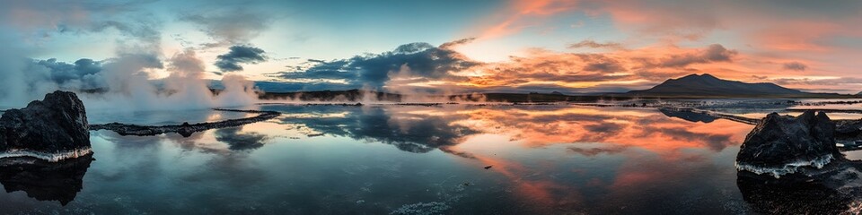 Fototapeta premium Panoramic view of auroras reflected in the still waters of Lake Myvatn, with steaming geothermal vents adding a surreal atmosphere, in 4K resolution