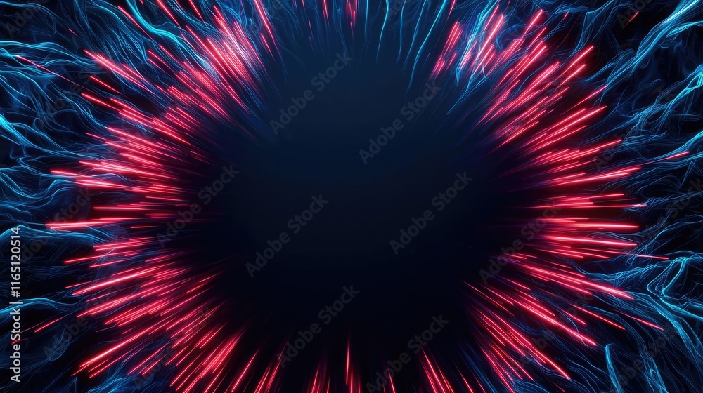 Poster Fireworks abstract background idea. Dynamic abstract background featuring vibrant blue and red light waves emanating from center.