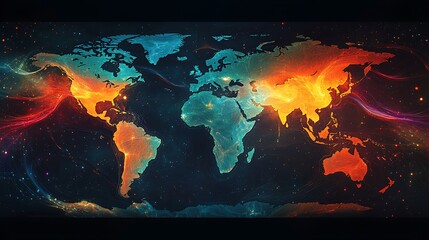 A conceptual abstract world map featuring glowing, flowing streams of color crossing the canvas, radiant points of light marking key areas, intricate digital gridlines, and a dark,