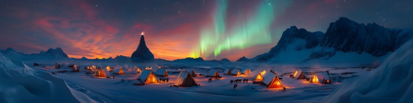 Aerial panorama of a Sami reindeer camp illuminated by the Northern Lights, with vibrant colors reflecting on the snowy tundra, in 4K resolution