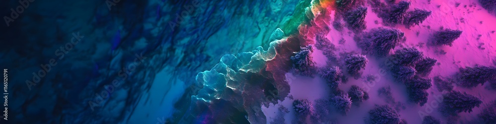 Poster aerial panorama of a colorful aurora display arching over an arctic forest, with vibrant reflections
