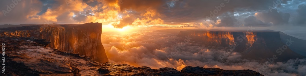 Aufkleber panoramic view of the golden sunset illuminating mount roraima s cliffs, with dynamic clouds swirlin