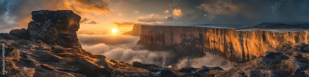 Aufkleber panoramic view of the golden sunset illuminating mount roraima s cliffs, with dynamic clouds swirlin