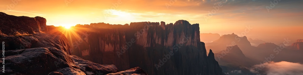 Poster panoramic view of the summit of mount roraima during sunrise, with jagged rock formations glowing un