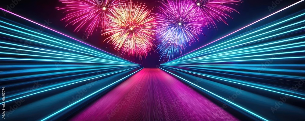 Poster Fireworks abstract background idea. Vibrant fireworks and dynamic lights create a festive, colorful atmosphere.