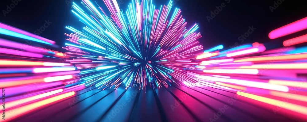 Poster Fireworks abstract background idea. Vibrant explosion of neon lights creating dynamic visual energy in dark space.