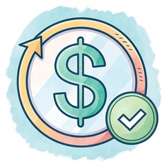 Obraz premium financial refund icon with dollar sign-watercolor-style illustration of a dollar sign encircled by an arrow and accompanied by a checkmark, representing refund or payment approval. 