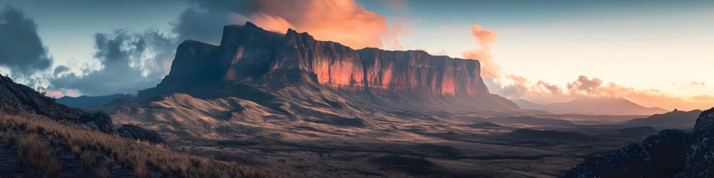Panoramic view of Mount Roraima glowing under fiery twilight hues, with the lush tropical landscape creating a cinematic foreground, in 4K resolution