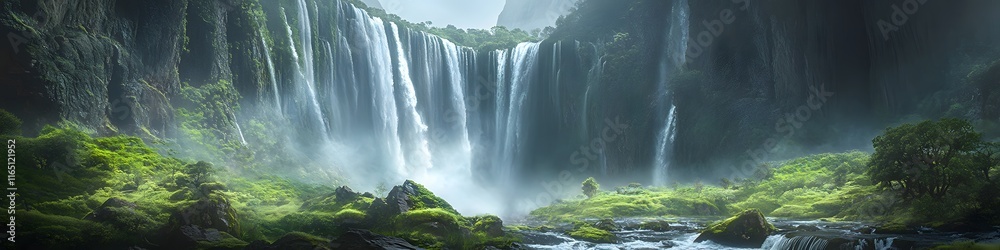 Aufkleber panoramic view of cascading waterfalls flowing from mount roraima s summit, with vibrant greenery an