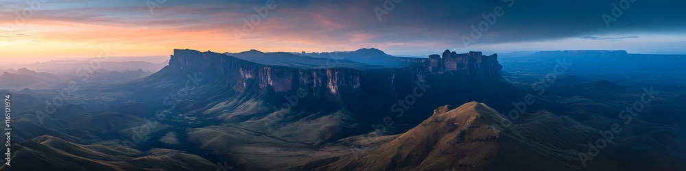 Poster aerial panorama of the surrounding savannah and jagged peaks of mount roraima, with rolling hills gl
